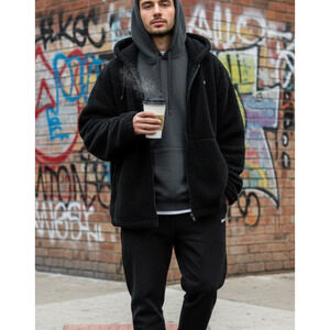 Sandro Sport Black‎ Jacket Full Zip Hoodie Teddy Fleece Sherpa Mens Unisex sz XL